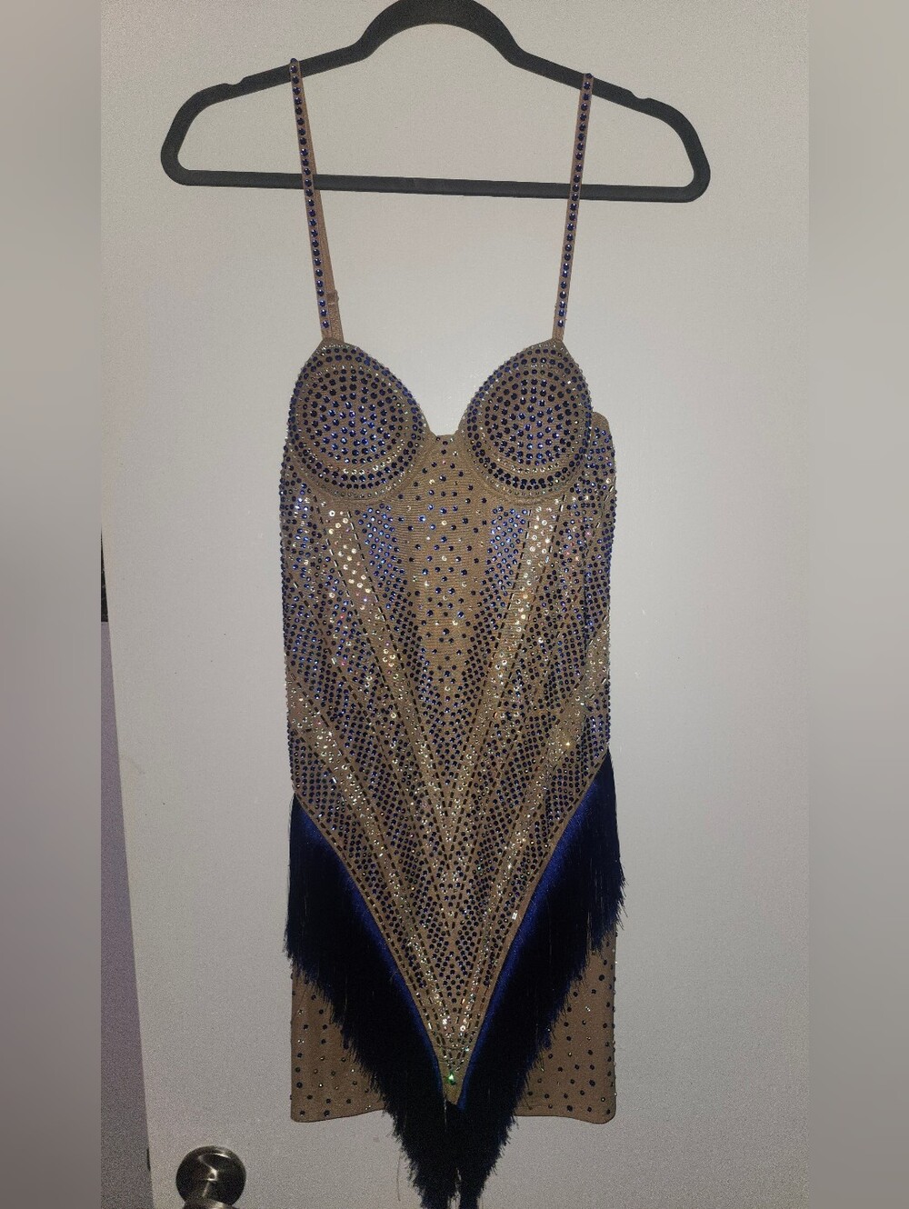 NIKBK Beige and Navy Embellished Rhinestone Slip Showgirl Dress XL